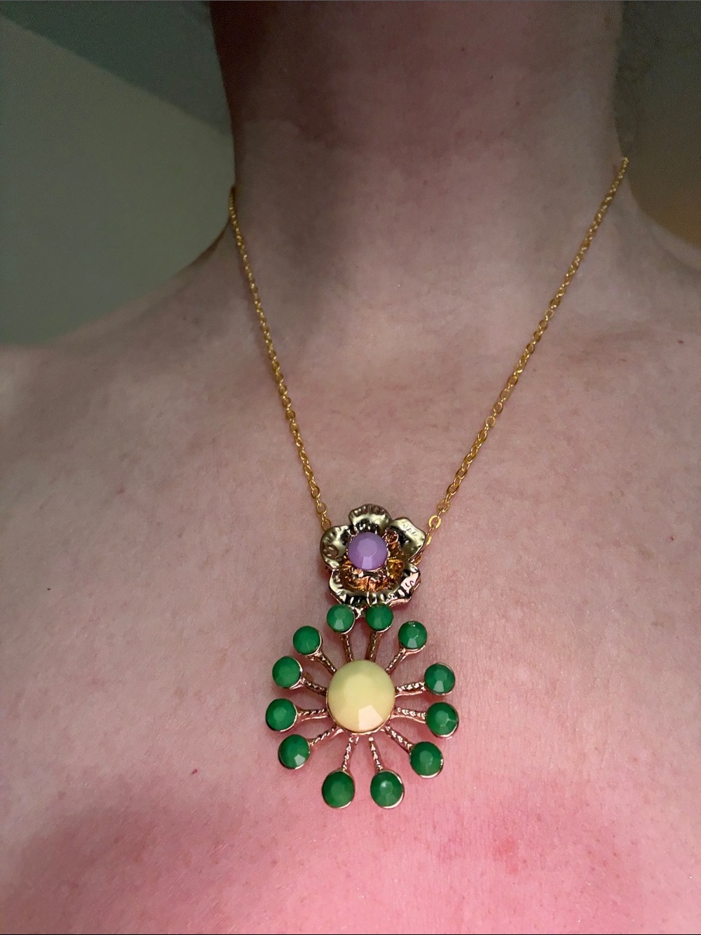 Hand-Crafted Gold-Tone Floral Pendant Necklace with Green and Cream Accents